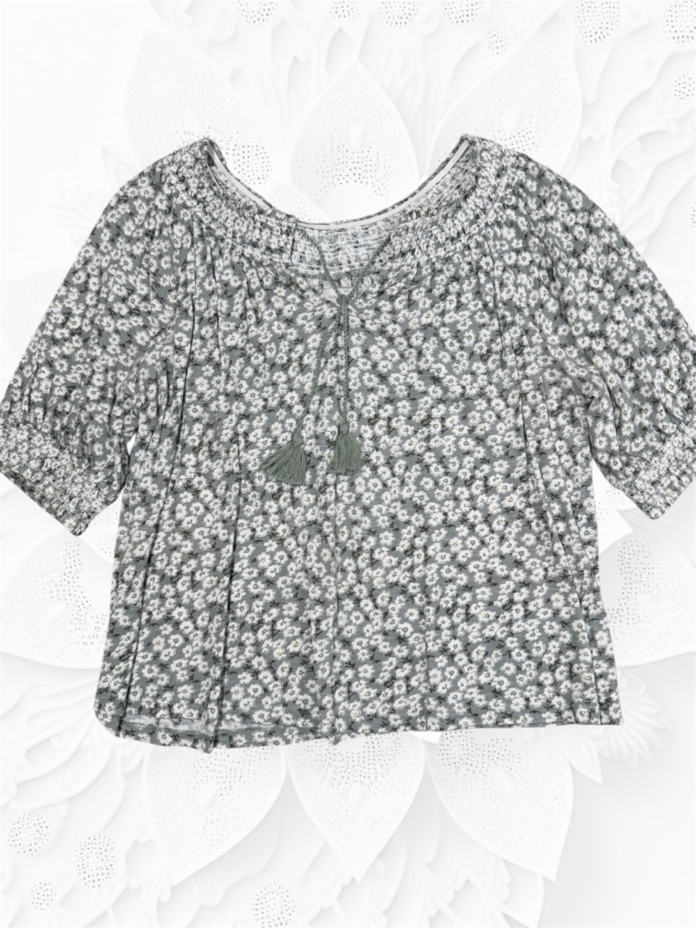Lucky Brand Grey & Green Floral Peasant Blouse